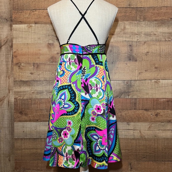 🌻 Boston Proper Silk Dress sz Small Y2K Abstract Psychedelic Retro Bright Party - Picture 3 of 10